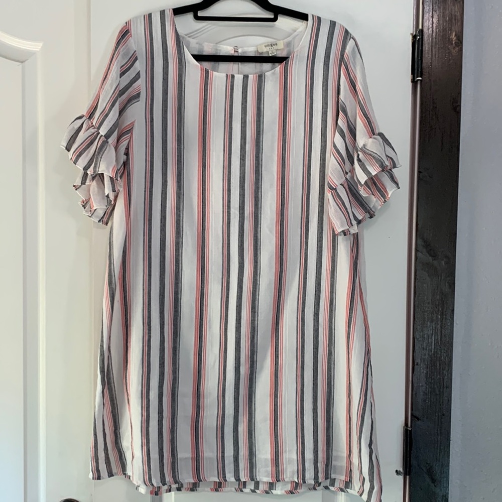 Umgee White Striped Mini Dress with Pink and Gray Stripes